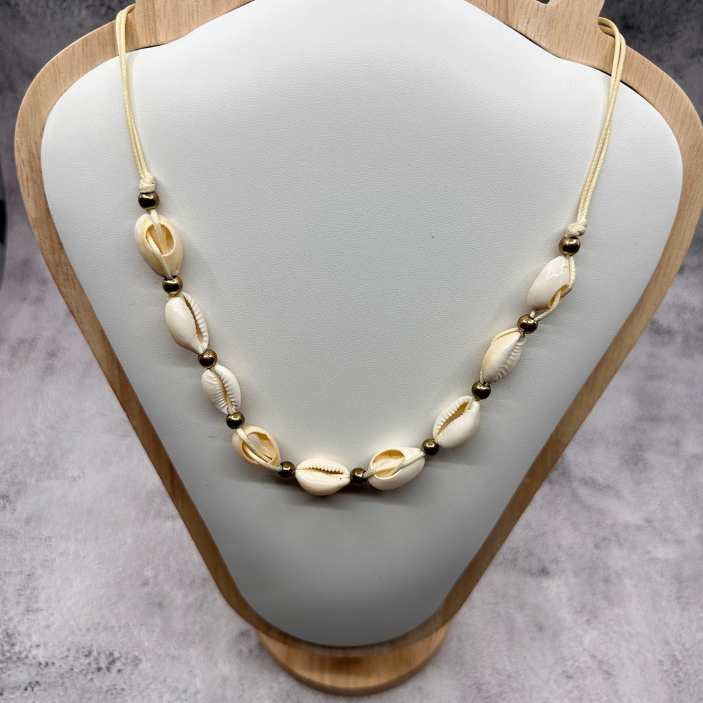 Cowrie Shell Necklace Gold Tone Beads Cord Boho Coastal Beach Adjustable Gift